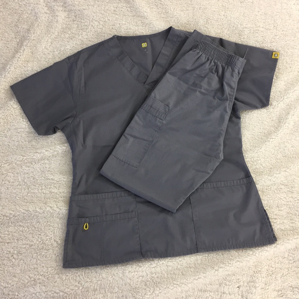 TWO WonderWink scrub sets in pewter and navy